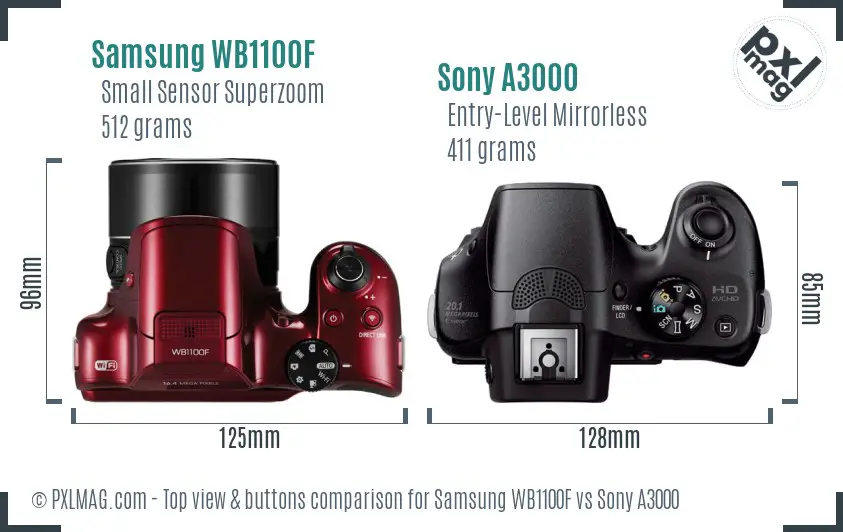 Samsung WB1100F vs Sony A3000 top view buttons comparison
