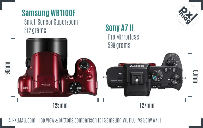 Samsung WB1100F vs Sony A7 II top view buttons comparison