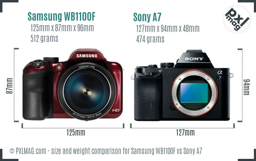 Samsung WB1100F vs Sony A7 size comparison