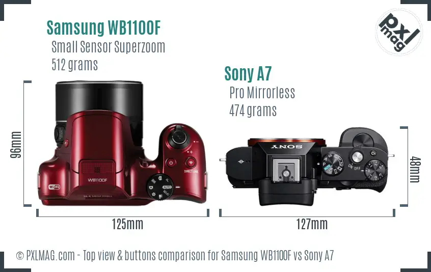 Samsung WB1100F vs Sony A7 top view buttons comparison