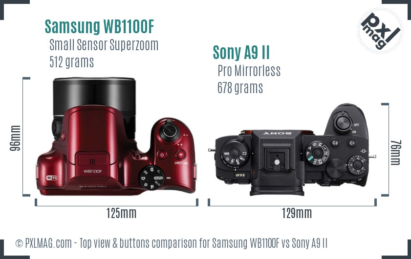 Samsung WB1100F vs Sony A9 II top view buttons comparison