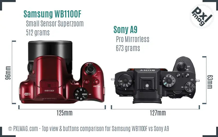 Samsung WB1100F vs Sony A9 top view buttons comparison