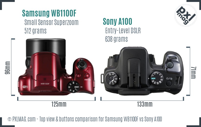 Samsung WB1100F vs Sony A100 top view buttons comparison