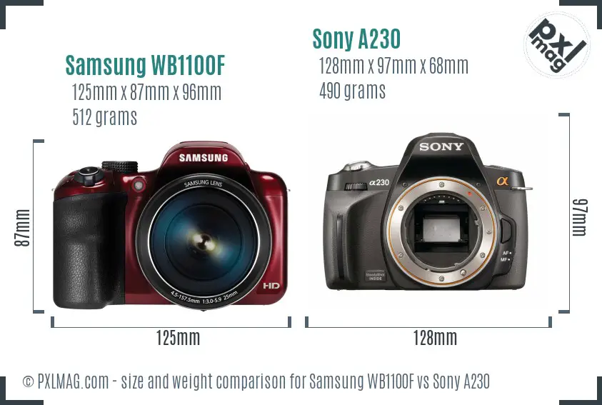 Samsung WB1100F vs Sony A230 size comparison