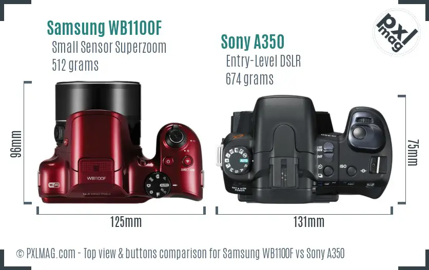 Samsung WB1100F vs Sony A350 top view buttons comparison Samsung WB1100F vs Sony A350 top view buttons comparison