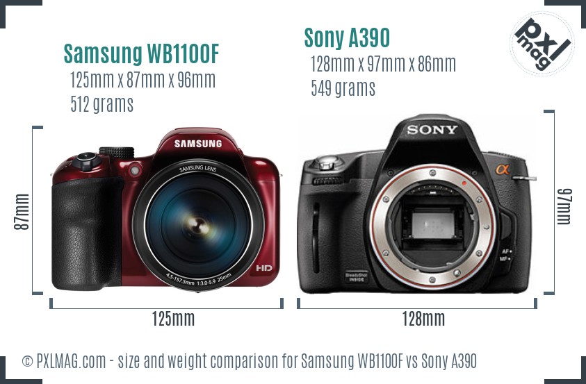 Samsung WB1100F vs Sony A390 size comparison