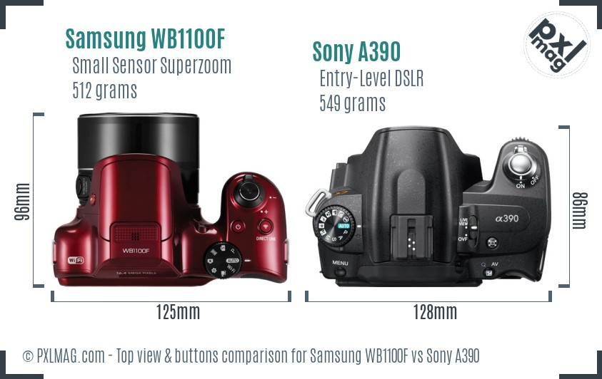 Samsung WB1100F vs Sony A390 top view buttons comparison