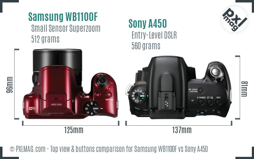 Samsung WB1100F vs Sony A450 top view buttons comparison