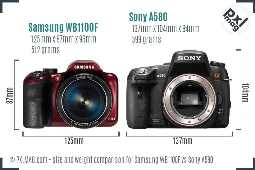Samsung WB1100F vs Sony A580 size comparison