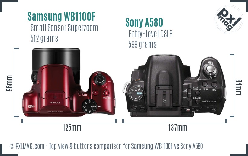Samsung WB1100F vs Sony A580 top view buttons comparison