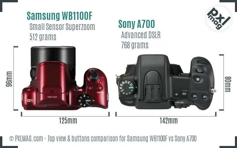 Samsung WB1100F vs Sony A700 top view buttons comparison Samsung WB1100F vs Sony A700 top view buttons comparison
