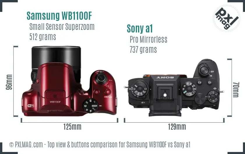 Samsung WB1100F vs Sony a1 top view buttons comparison