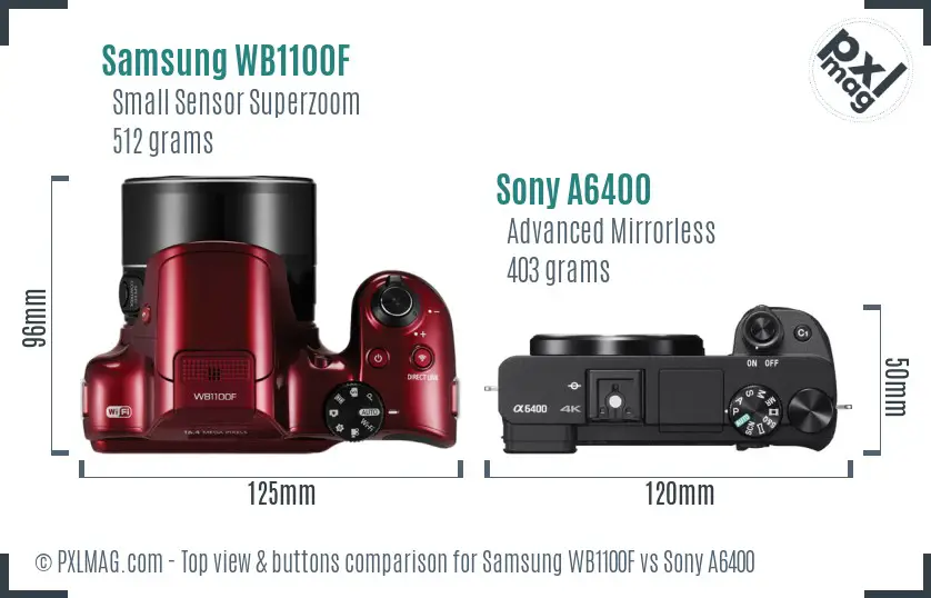 Samsung WB1100F vs Sony A6400 top view buttons comparison