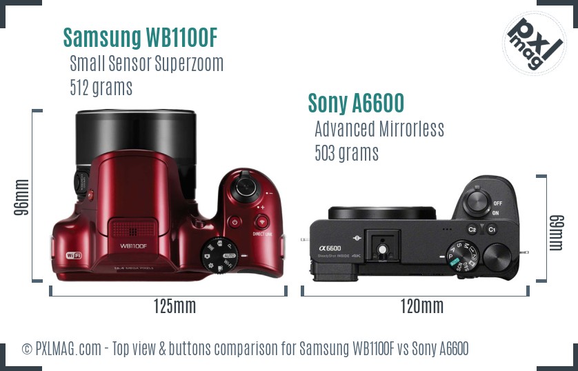 Samsung WB1100F vs Sony A6600 top view buttons comparison