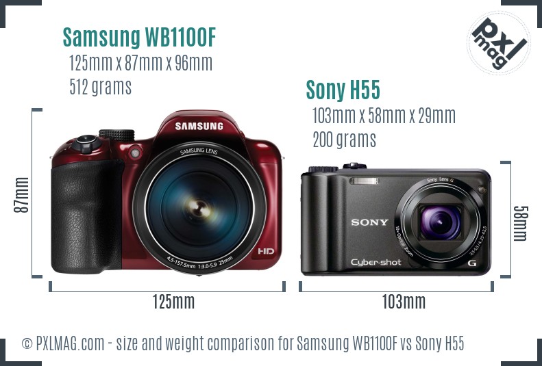 Samsung WB1100F vs Sony H55 size comparison
