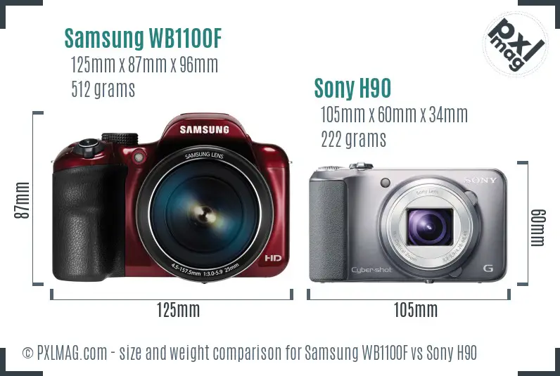 Samsung WB1100F vs Sony H90 size comparison