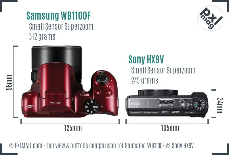 Samsung WB1100F vs Sony HX9V top view buttons comparison