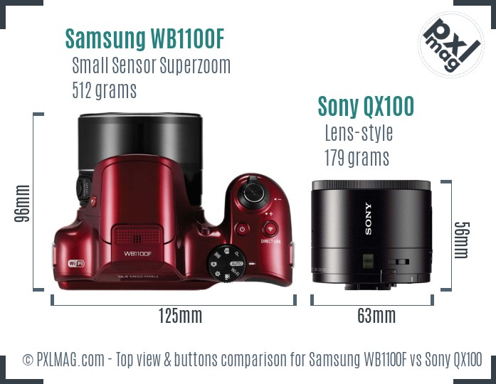 Samsung WB1100F vs Sony QX100 top view buttons comparison