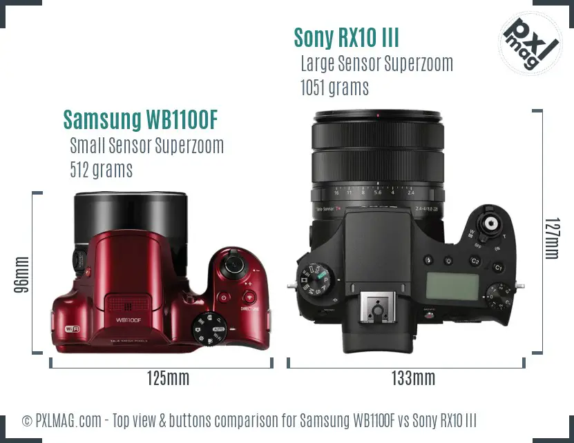 Samsung WB1100F vs Sony RX10 III top view buttons comparison
