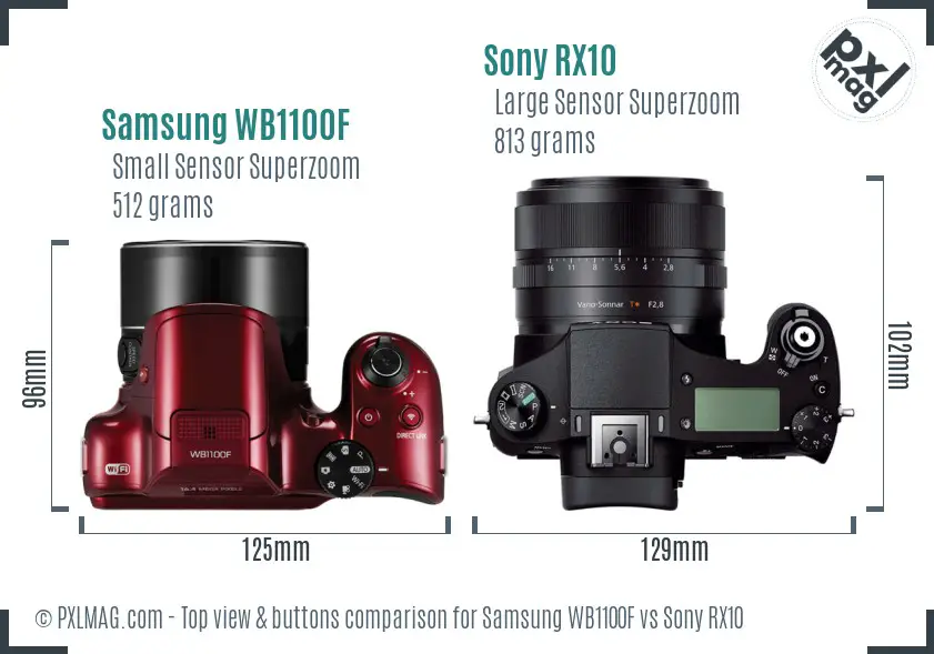 Samsung WB1100F vs Sony RX10 top view buttons comparison