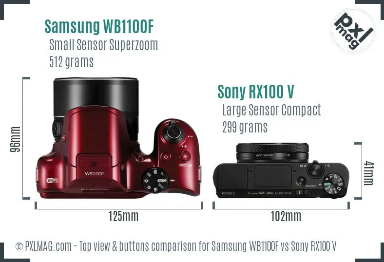 Samsung WB1100F vs Sony RX100 V top view buttons comparison