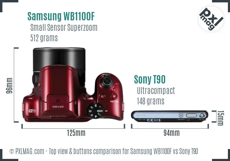 Samsung WB1100F vs Sony T90 top view buttons comparison