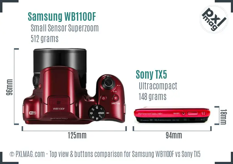 Samsung WB1100F vs Sony TX5 top view buttons comparison