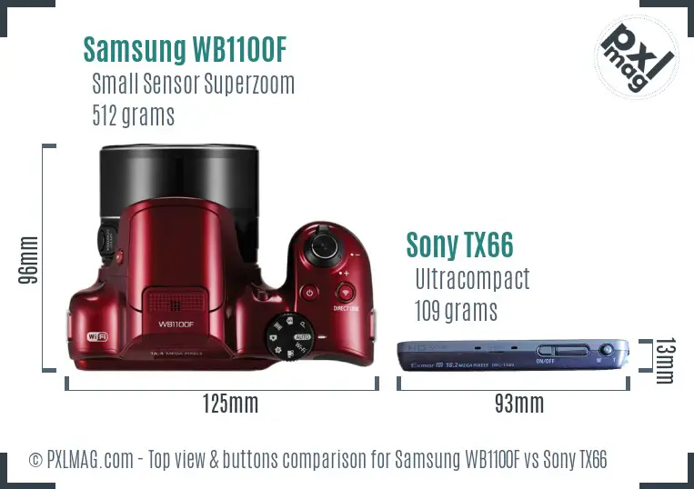 Samsung WB1100F vs Sony TX66 top view buttons comparison