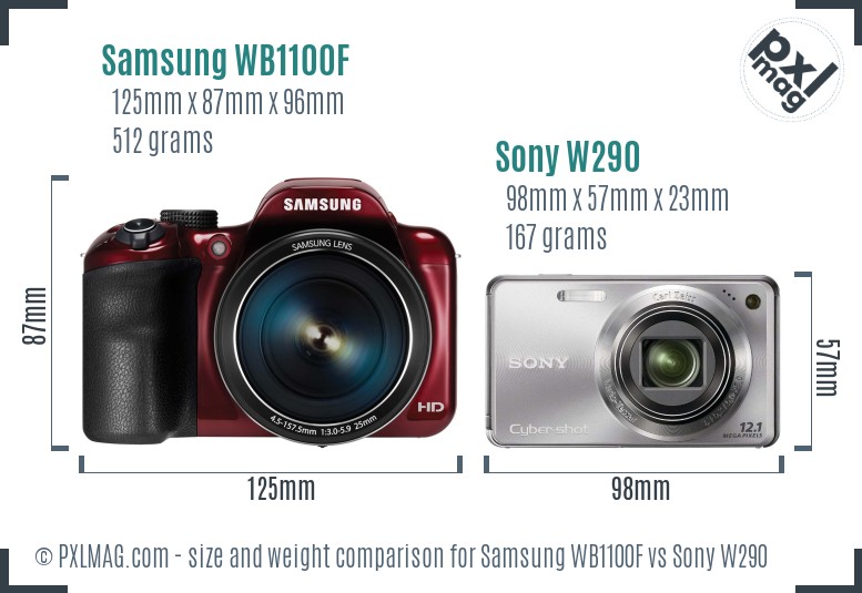 Samsung WB1100F vs Sony W290 size comparison