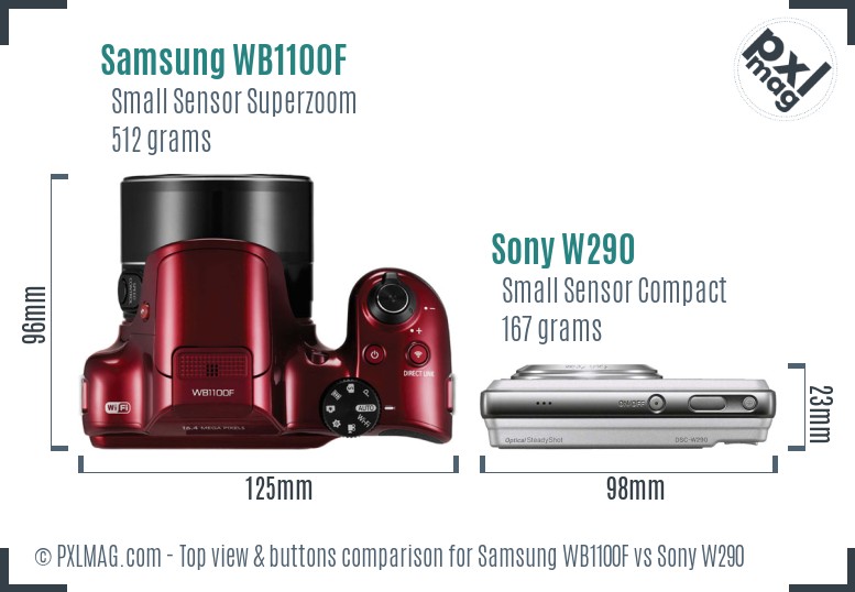 Samsung WB1100F vs Sony W290 top view buttons comparison