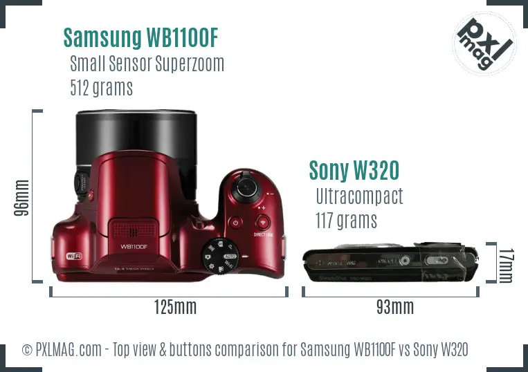 Samsung WB1100F vs Sony W320 top view buttons comparison Samsung WB1100F vs Sony W320 top view buttons comparison