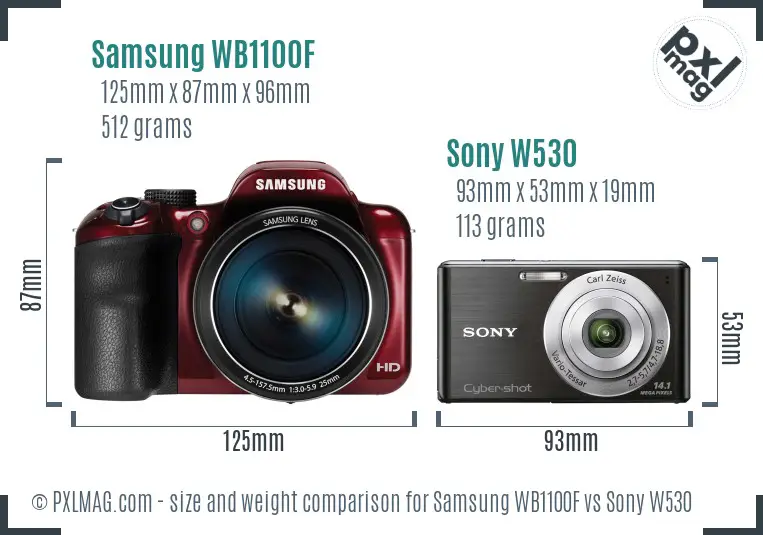 Samsung WB1100F vs Sony W530 size comparison