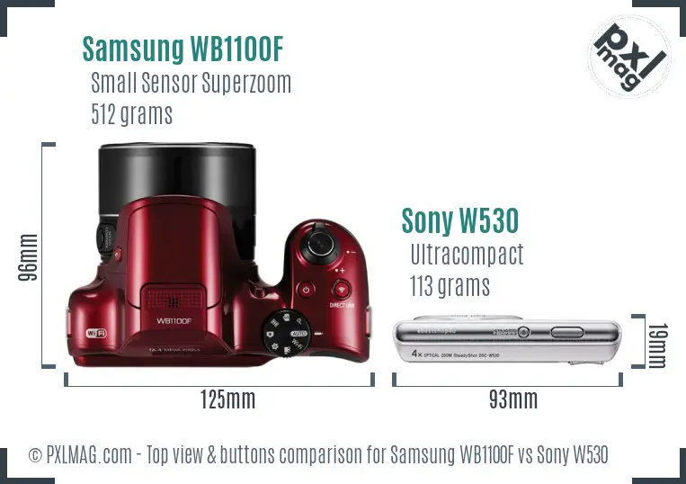 Samsung WB1100F vs Sony W530 top view buttons comparison