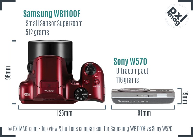 Samsung WB1100F vs Sony W570 top view buttons comparison