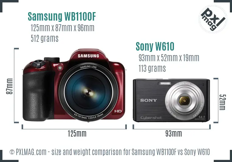 Samsung WB1100F vs Sony W610 size comparison