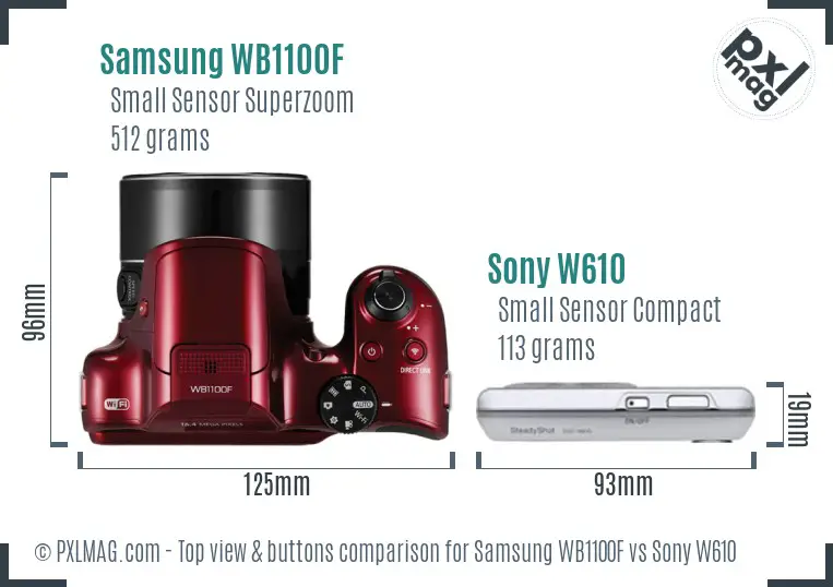 Samsung WB1100F vs Sony W610 top view buttons comparison