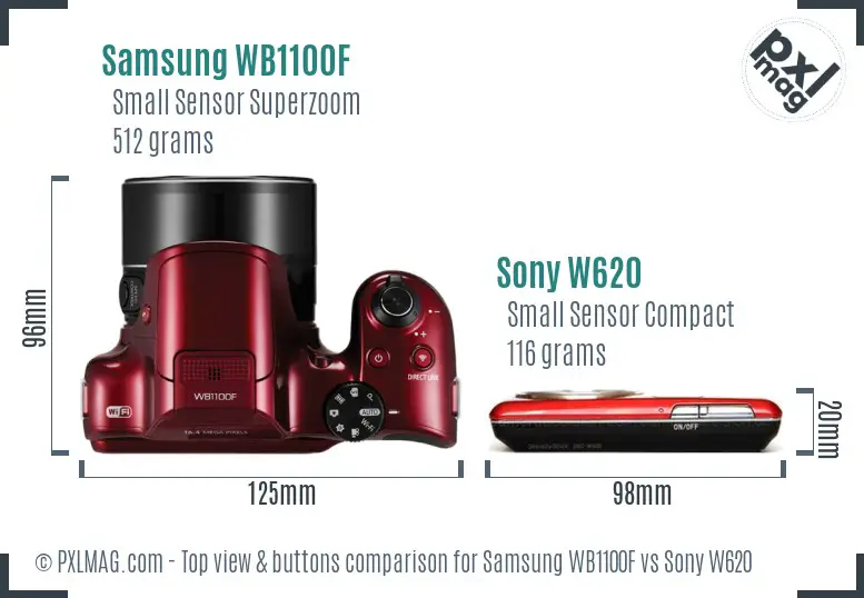 Samsung WB1100F vs Sony W620 top view buttons comparison