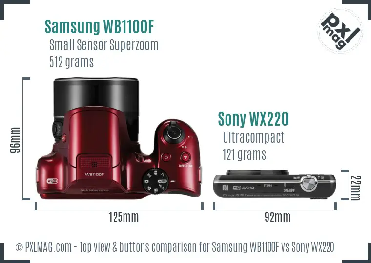 Samsung WB1100F vs Sony WX220 top view buttons comparison