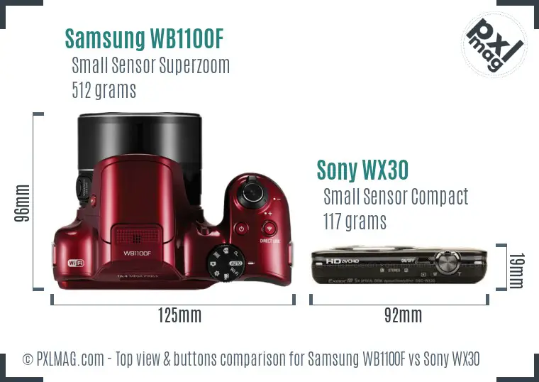Samsung WB1100F vs Sony WX30 top view buttons comparison