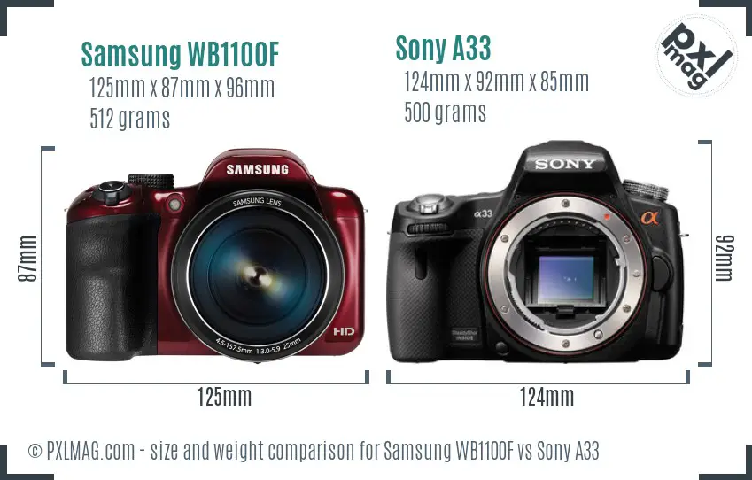 Samsung WB1100F vs Sony A33 size comparison