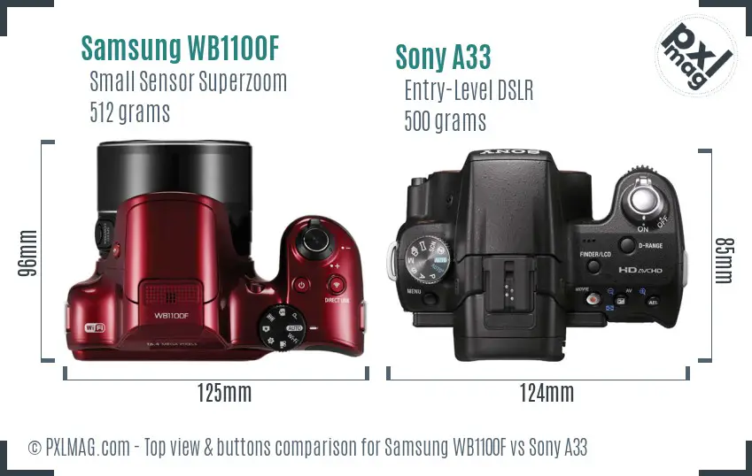 Samsung WB1100F vs Sony A33 top view buttons comparison