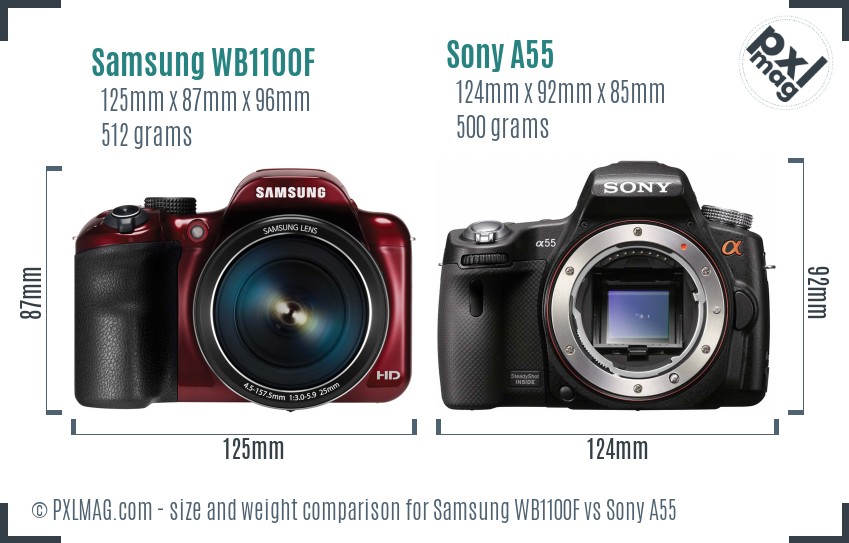 Samsung WB1100F vs Sony A55 size comparison