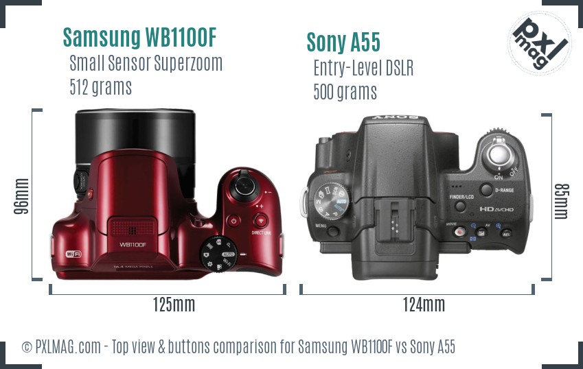 Samsung WB1100F vs Sony A55 top view buttons comparison