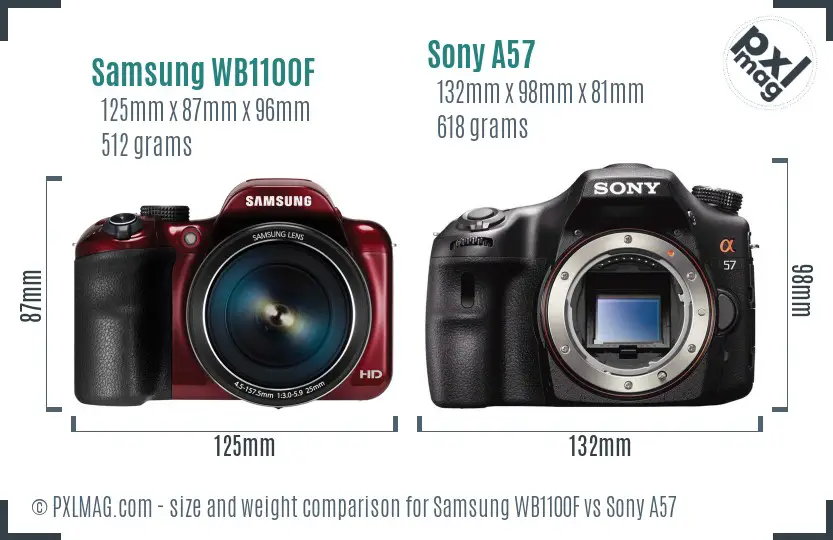 Samsung WB1100F vs Sony A57 size comparison