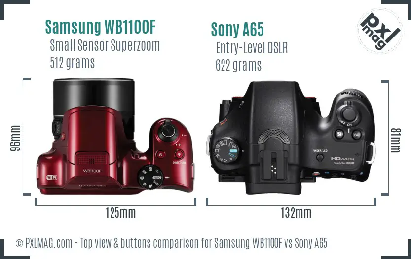 Samsung WB1100F vs Sony A65 top view buttons comparison
