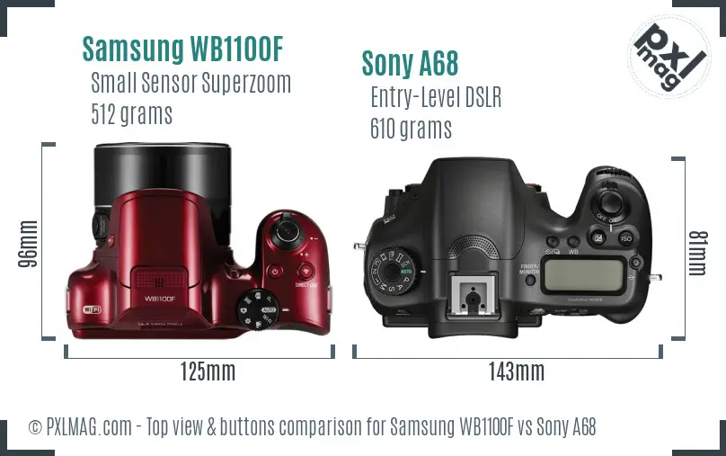 Samsung WB1100F vs Sony A68 top view buttons comparison Samsung WB1100F vs Sony A68 top view buttons comparison