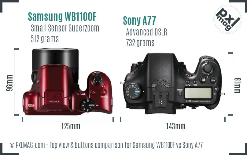 Samsung WB1100F vs Sony A77 top view buttons comparison