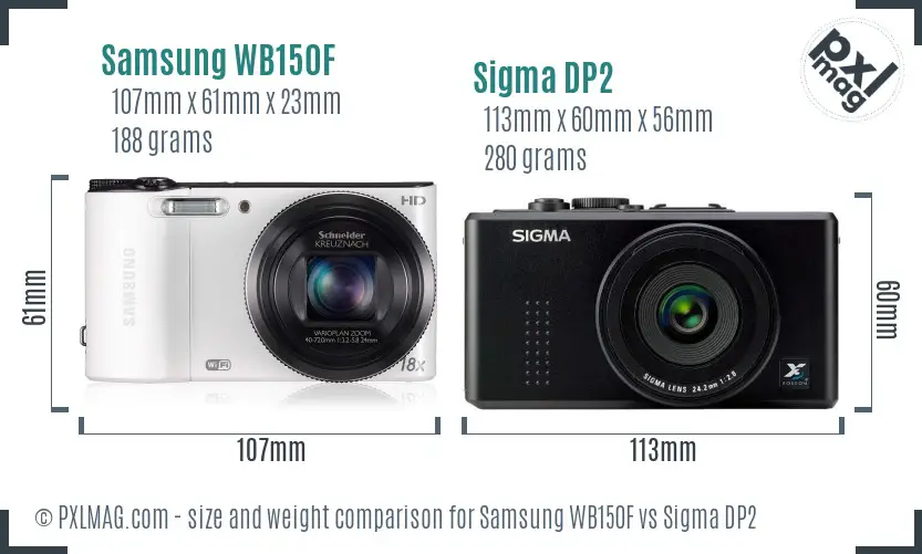 Samsung WB150F vs Sigma DP2 size comparison
