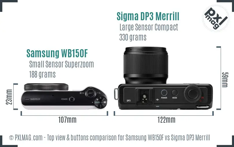 Samsung WB150F vs Sigma DP3 Merrill top view buttons comparison