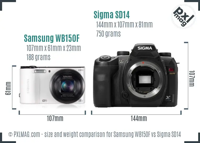 Samsung WB150F vs Sigma SD14 size comparison